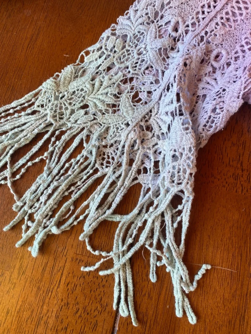 Hand Crafted Lavender to Mint Ombre Lace Fringe Scoop Neck Sweater - Picture 3 of 4